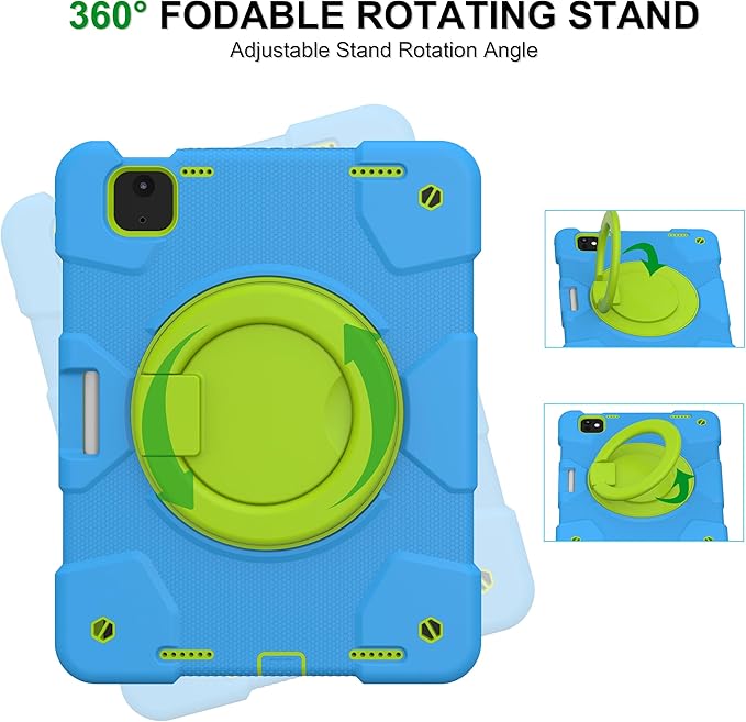 Andnary Case for iPad Air 11 inch Case M4/M3/M2 (2026/2025/2024), Heavy Duty Shockproof Cover with Screen Protector, 360° Rotating Stand, Pencil Holder, Shoulder Strap (Blue+Green)