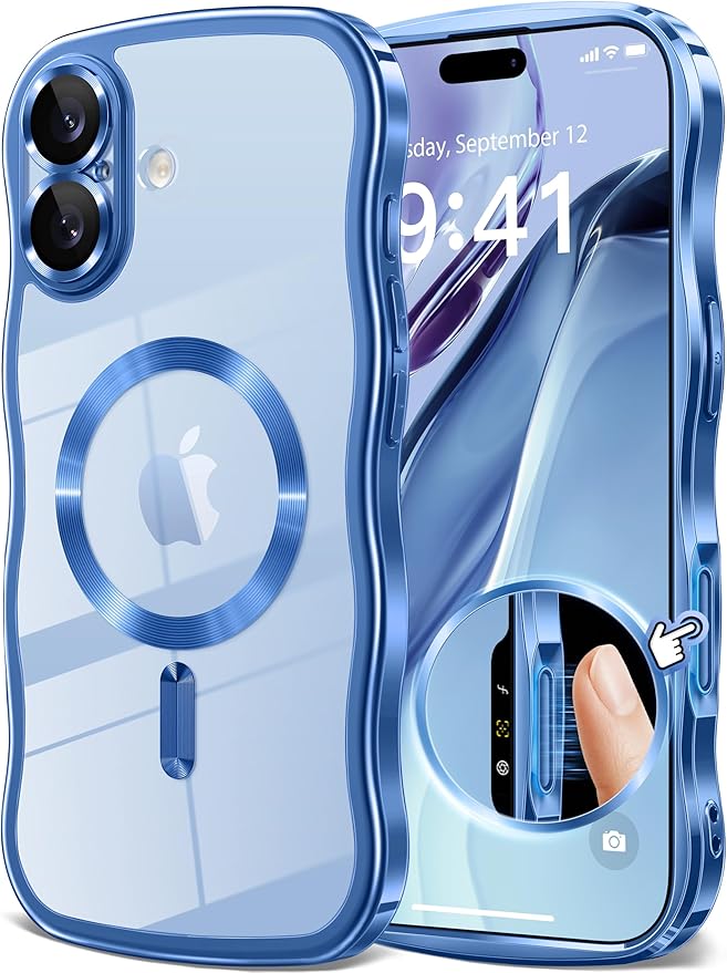 GVIEWIN for iPhone 17 Case Compatible with MagSafe, Upgraded [Full Camera Protection][Cute Wave Frame][Military Grade Protection] Electroplated Hard Phone Cover for Women Girl, Clear/Light Blue