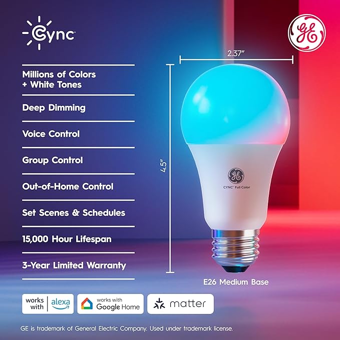 Cync GE A19 LED Smart Light Bulbs,Room Decor Aesthetic Bluetooth and WiFi Color Changing Lights,LED Indoor Light Bulb,Compatible with Alexa and Google,2 Count (Pack of 4)