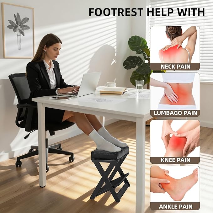 HOMELTSTBO Adjustable Wooden Foot Rest Under Desk, Double Step Desk Footrest with 3 Height Options & Non-Slip EVA Surface, Ergonomic Foot Rest For Under Desk At Work,Enhances Posture,Home Office-Black