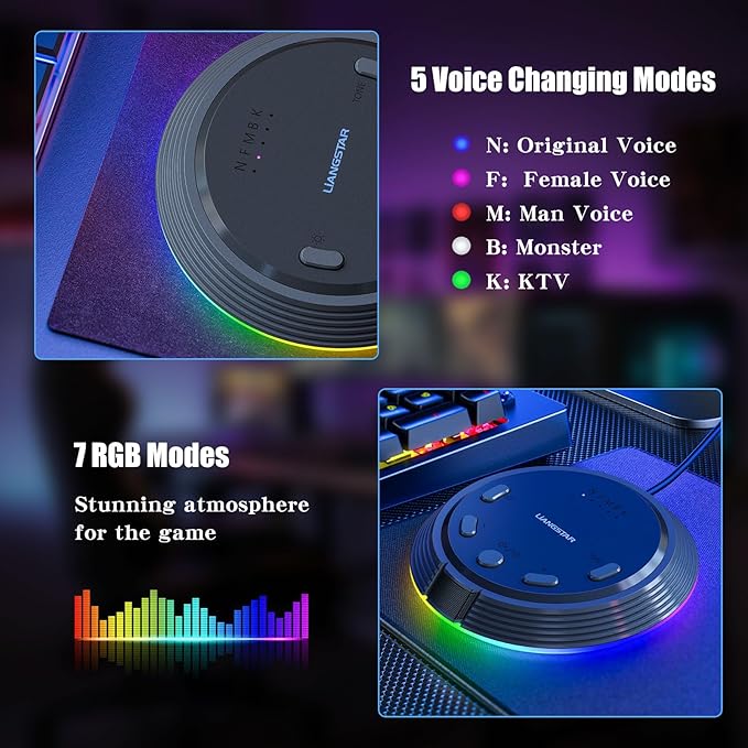 LIANGSTAR Gaming USB Microphone with AI Noise Cancellation, 5 Voice Changes, Mute, Volume Control, RGB Light Condenser Computer Microphone for PC Gamer, YouTube, Streaming, Conference