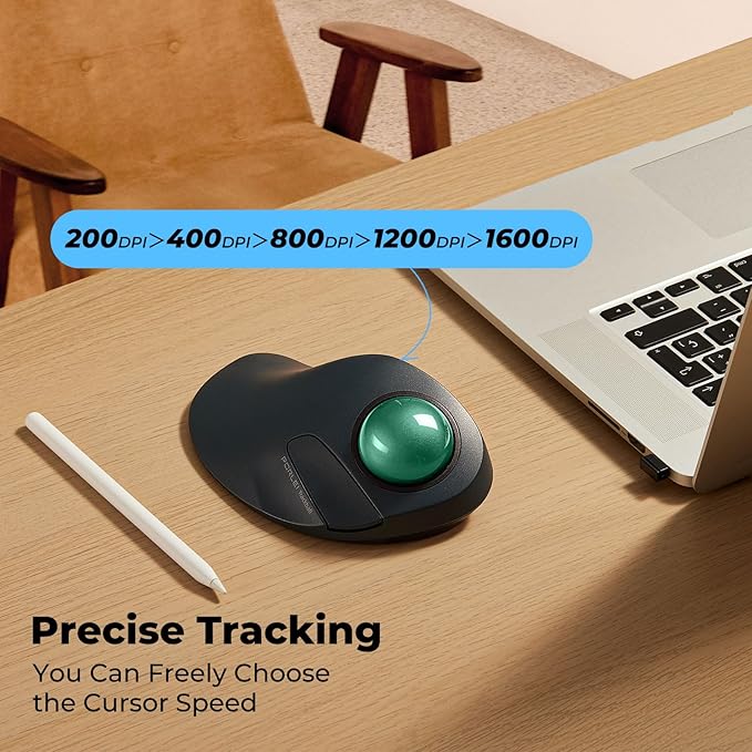 Wireless Trackball Mouse for Large Hands, Ergonomic Index Finger Control, Rechargeable Bluetooth/USB Mouse with Precise Smooth Tracking, Multi-Device Connection for Windows & Mac, Green