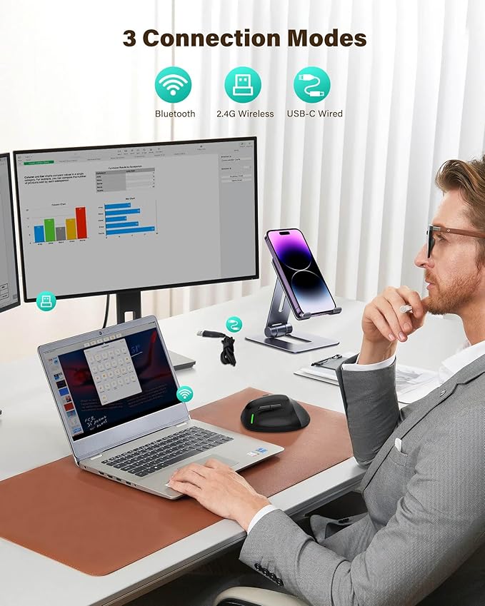 XUANGUI Vertical Ergonomic Quiet Wireless Mouse Rechargeable MT65, Bluetooth 5.1/2.4G/USBC Tri-Mode Computer Mice for Large and Medium Hands, Max 4800 DPI, Type C and Witeless for PC Laptop Mac Tablet