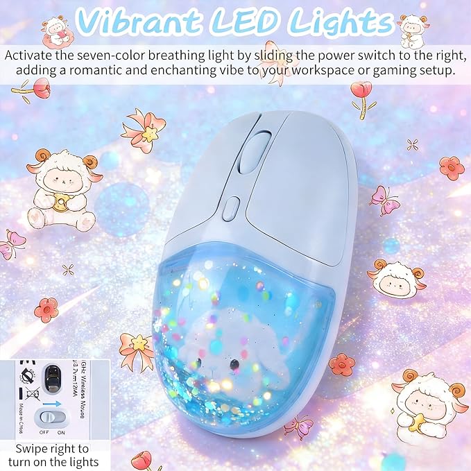 elec Space Wireless Bluetooth Mouse -Cute Clear Aqua Design, Glitter Liquid Sand Water Mouse with Optical Precision, Silent Clicks, LED Breathing Light,Transparent Retro Style for Home Office (Blue)