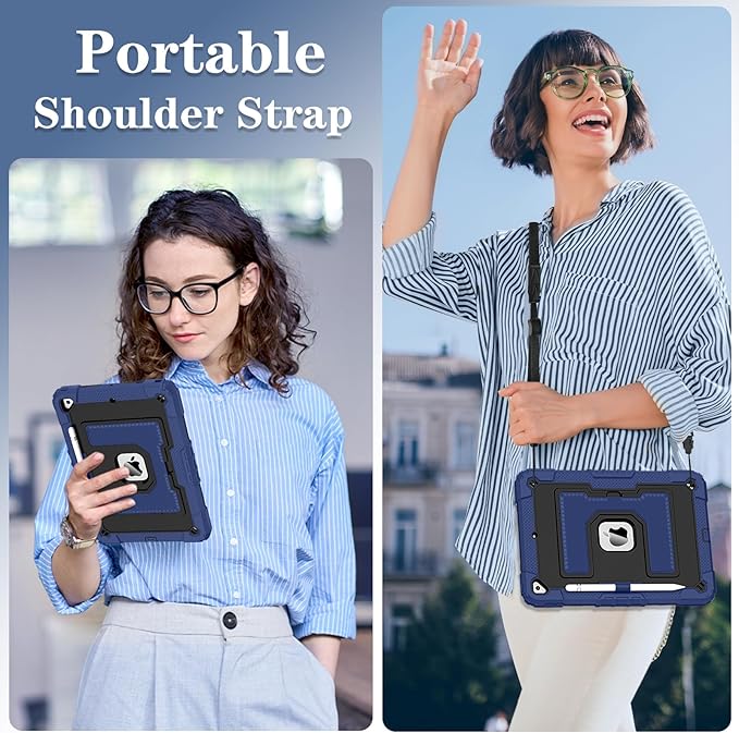 Kids Friendly Case for Apple iPad 10.2" 9th 8th 7th Generation 2021/2020/2019 Case with Pencil Holder & Shoulder Strap, Military Grade Shockproof Kickstand Hard Shell Protective Cover,Blue+Black