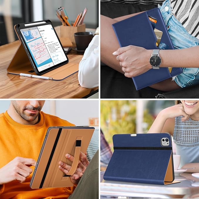 DTTO for iPad Pro 11 inch Case (M5/M4) 2025/2024, Premium Leather Business Folio Stand Cover with Pencil Holder - Auto Wake/Sleep and Multiple Viewing Angles, Navy Blue