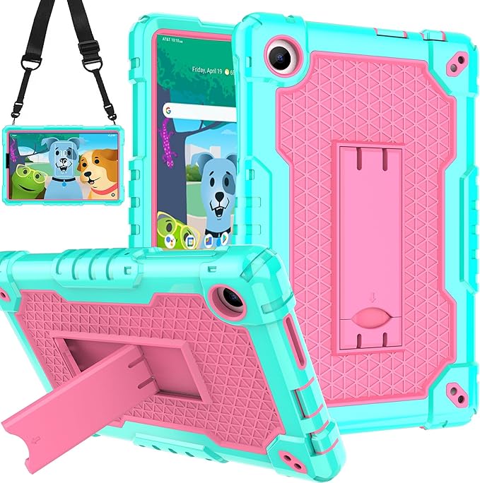 Case for for AT&T Amigo Jr. Tab 8 inch Tablet 9136K - with 2PCS Screen Protector,[Built-in Kickstand] Anti Slip Kids Friendly Shockproof Silicone Protective Cover (Green/Pink+2 PCS Glass)