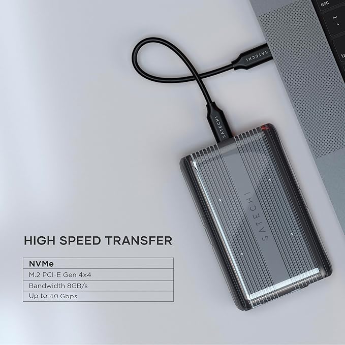Satechi M.2 Enclosure, USB4 NVMe SSD Pro Enclosure, 40Gbps, up to 16TB, Aluminum Enclosure with Silicone Pin, Polycarbonate Casing, USAP SSD Trim for Sizes 2280/2260/2242/2230mm (SSD Not Included)
