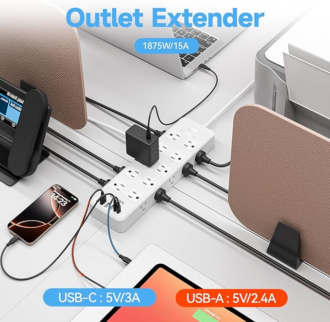 20 Outlet Power Strip with USB C,6Ft Extension Cord with Multiple Outlets, 2700 Joules Surge Protector,1875W/15A, ETL Listed for Home Office Dorm Gaming (White, 6FT)