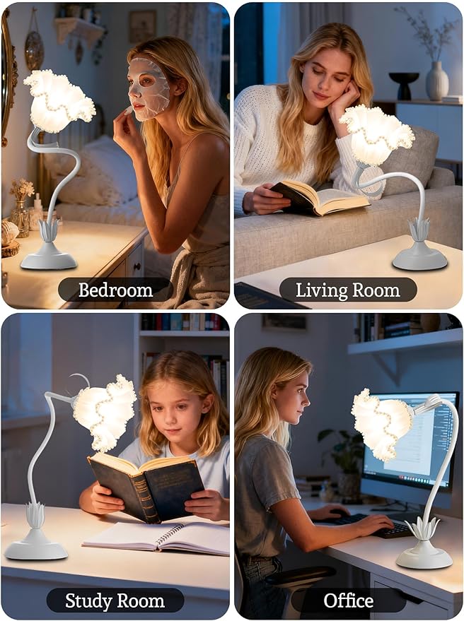 Flower Table Lamp Bedside Lamps LED Reading Light,3 Color Modes Cute Small Lamp,Vintage Flower Lamp Kawaii Table Lamp for Bedroom Living Room Office Dorm Desk Home Decor (Pearl White lamp)