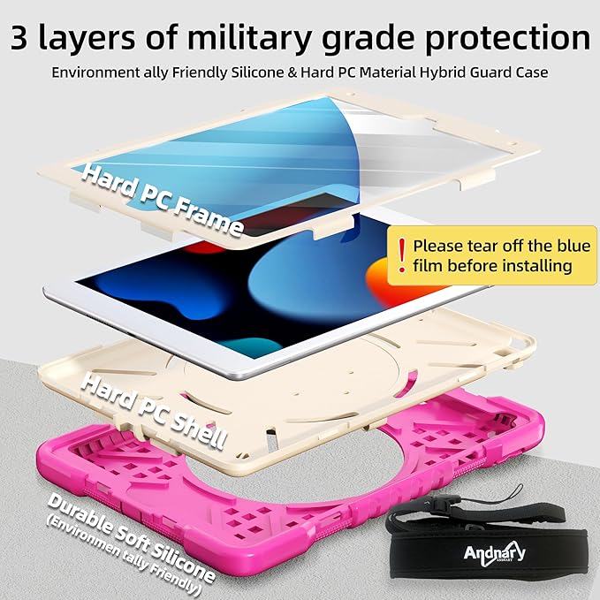 Andnary Case for iPad 9th/8th/7th Generation 10.2 inch, Shockproof Cover with Screen Protector/360° Rotating Handle/Bracket/Pen Holder/Shoulder Strap, Kid Case for iPad 2021/2020/2019 (Rose Red+White)