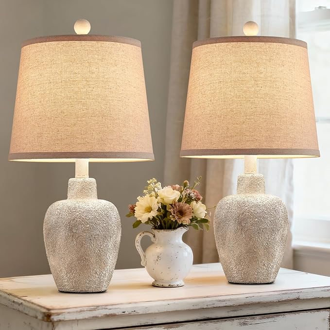 Rustic Farmhouse Table Lamps Set of 2 Small 21" Country Cottage Coastal Bedside Lamps with Retro White Finish for Bedroom or Living Room Nightstands (Bulbs Not Included)