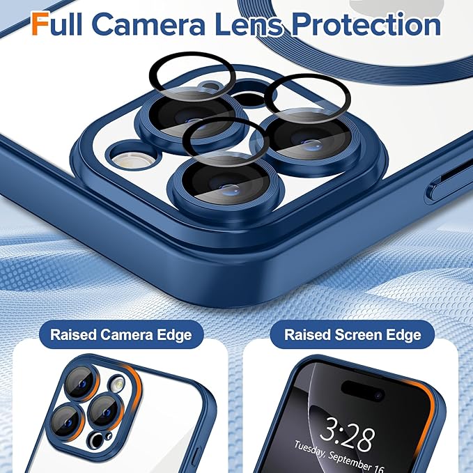Hython Magnetic Clear for iPhone 16 Pro Max Case with Camera Lens Protector [Compatible with MagSafe] Plating Edge Slim Soft TPU Cover Protective Phone Case for iPhone 16 Pro Max, Matte Deep Blue