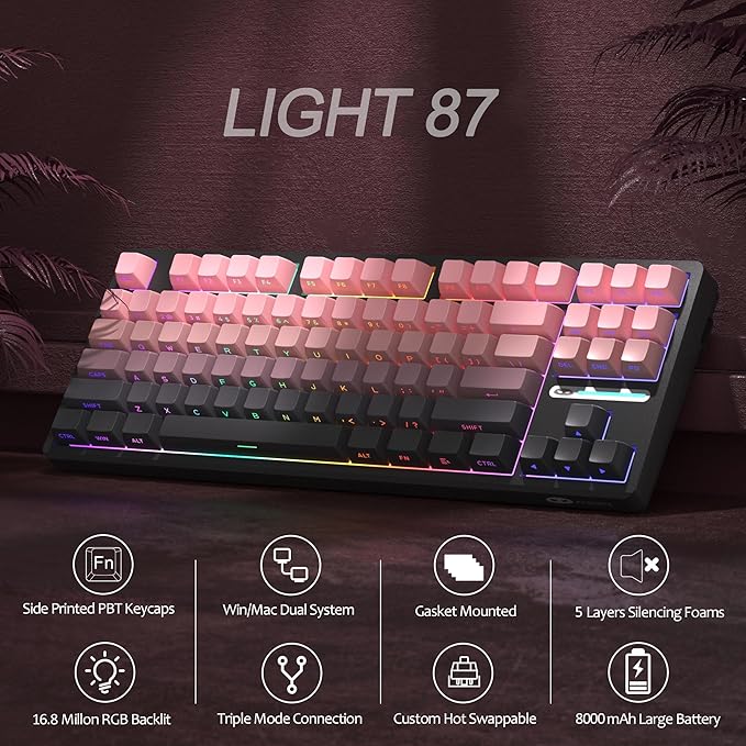 MageGee LIGHT87 Wireless Creamy Keyboard, Gasket Structure, RGB Backlit, 2.4G/USB-C/BT5.0 Hot Swappable Mechanical Gaming Keyboard for Win/Mac/PC, 8000mAh Battery, Side Printed PBT Keycaps, Pink