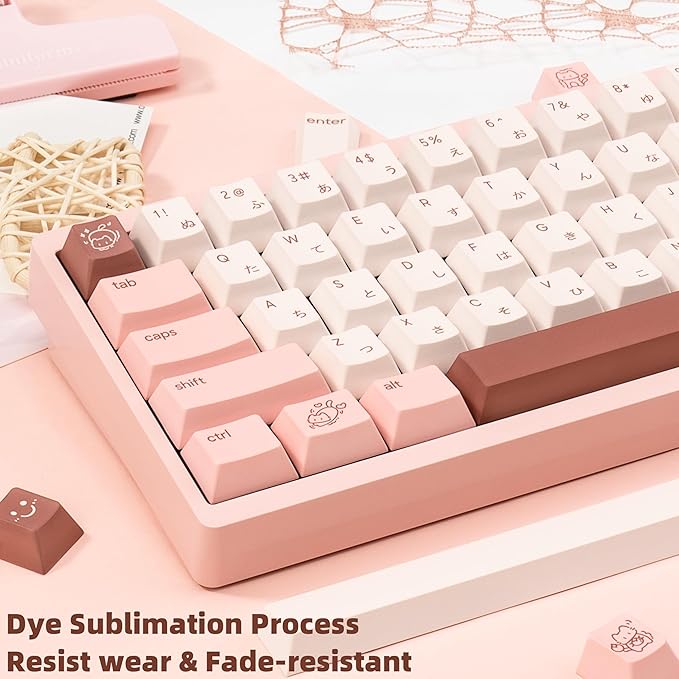 Cute Marshmallow Keycaps 134keys - PBT Cherry Profile Japanese Keycap - Five-Side Dye-Sublimation Pink & Off-White Keycaps Set Compatible with 60% 65% 75% TKL 104/108 Mechanical Keyboards