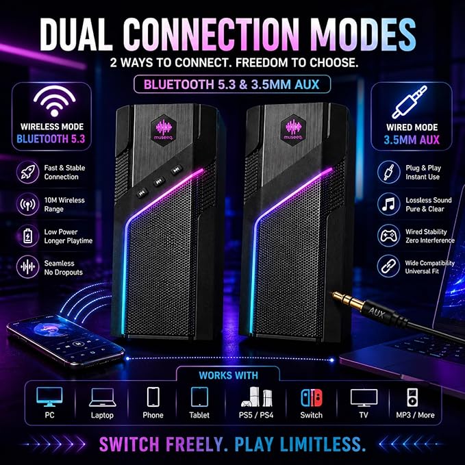 W-206RE RGB Gaming Speakers for PC, Bluetooth & USB Desktop Speakers for Gaming PC and Monitor, Touch Control Stereo Computer Speakers with 21 LED Light Modes