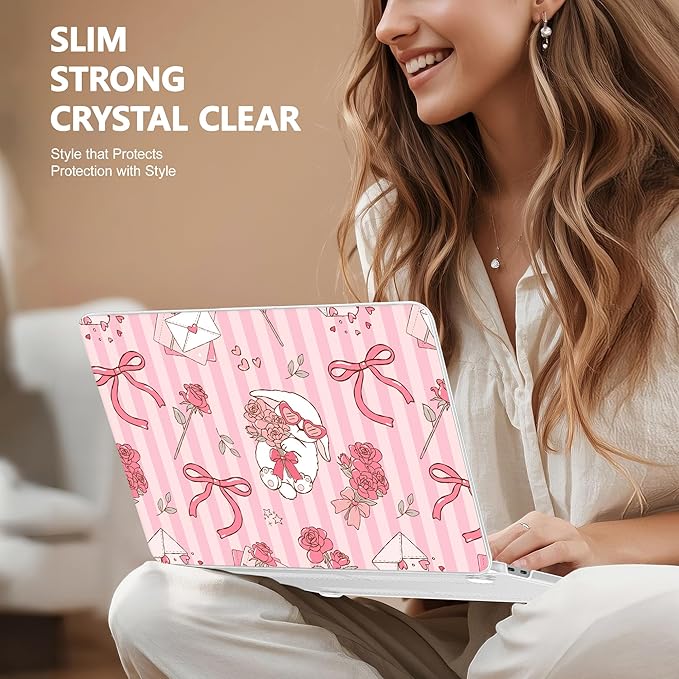 Case for 2026 MacBook Neo 13-inch Laptop with Liquid Retina Display, Release Model A3404, Sturdy Plastic Hard Shell Case + Keyboard Cover + Trackpad Film + Dust Plug, Roses & Rabbit & Stripe