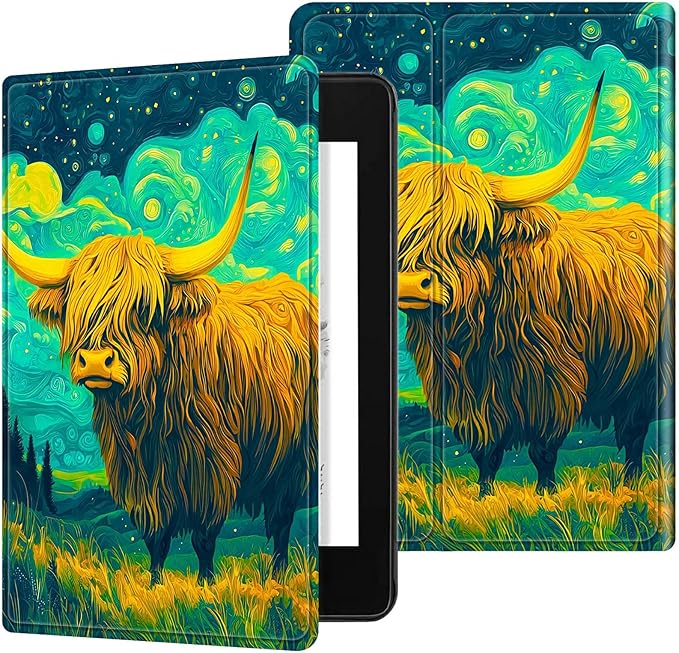 for 6.8" Kindle Paperwhite (11th Generation 2021) and Kindle Paperwhite Signature Edition Case, Slim Kickstand Stand Leather Smart Cover with Auto Wake/Sleep, Clouds of Yellow Cow