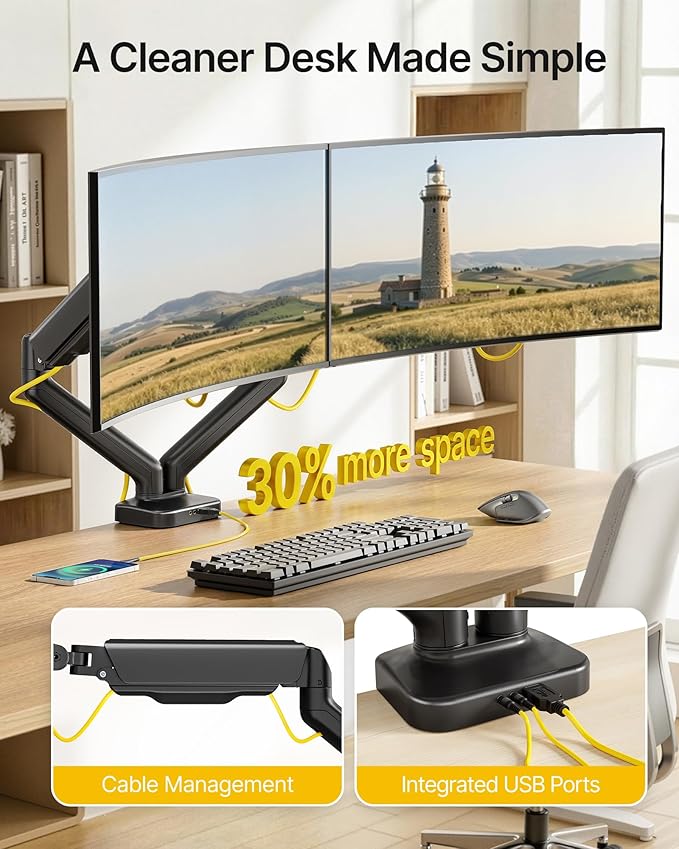 monTEK Heavy Duty Dual Monitor Arm with USB/Audio Ports for 17-32” Screens, Premium Mechanical Spring Monitor Arm up to 19.8 lbs, Full Motion Monitor Desk Mount, VESA 75/100 mm, Clamp/Grommet