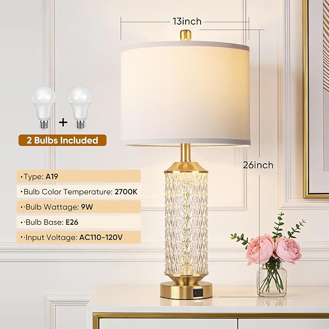 QiMH Gold Lamps for Living Room with LED Night Light,26" Modern Beside Lamps Set of 2 with Linen Shade & USB A+C Ports,Glass Table Lamps for Bedroom, Nightstand, Office, Home Decor(2 Blubs Included)
