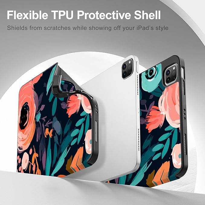 May Chen Case for iPad Pro 11 inch (4th, 3rd, 2nd & 1st Gen) 2022 2021 2020 2018, Trifold Stand + Pencil Holder + Auto Wake/Sleep + Soft TPU Protective Stand Back Cover, Bright Flowers