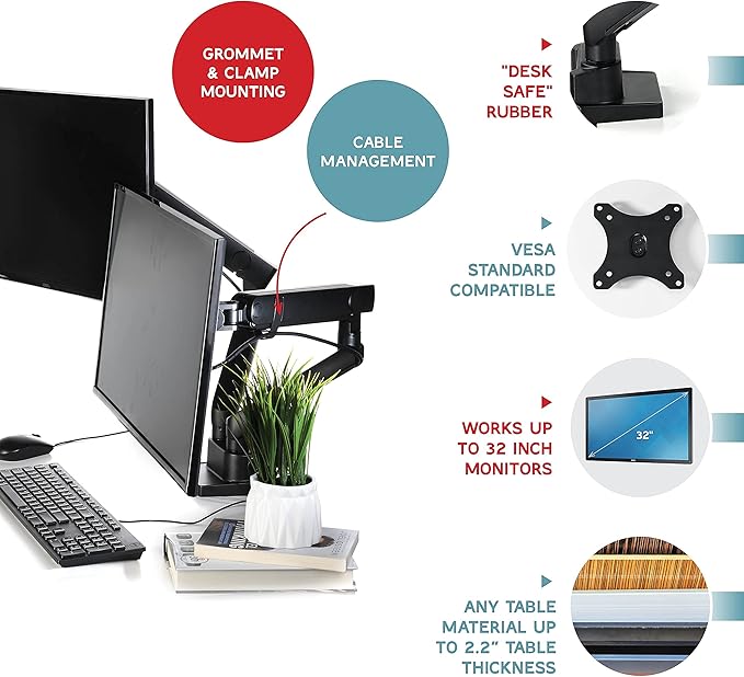 Dual Monitor Arm Stand for 35 Inch Screens - Full Adjustable VESA Mount for 2 Monitors, Heavy Duty Dual Monitor Desk Mount Compatible with C Clamp, Grommet Mounting Base, Holds 26.4lbs per Arm, Black