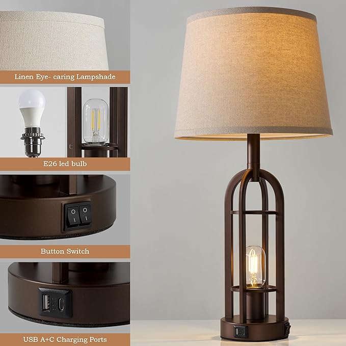 SRJJA Table Lamps for Living Room End Table Set of 2 - Farmhouse Industrial Bedside Lamps for Bedroom Nightstand with Nightlight and USB A+C, 4 Bulbs Included