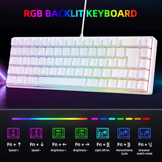 Snpurdiri 65% Wired Gaming Keyboard, 68 Keys RGB Backlit Ultra-Compact Small Gaming Keyboard, for PC/Mac Gamer, Typist, Travel, Easy to Carry on Business Trip White