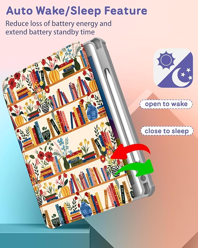 Uppuppy for iPad 9th/8th/7th Generation Case for iPad Air 3rd/ Pro 10.5” Case - 360 Rotating Stand Folio Smart Cover with Pencil Holder for Women, Flower Bookshelf for Apple Tablet 7/8/9 Gen 10.2”