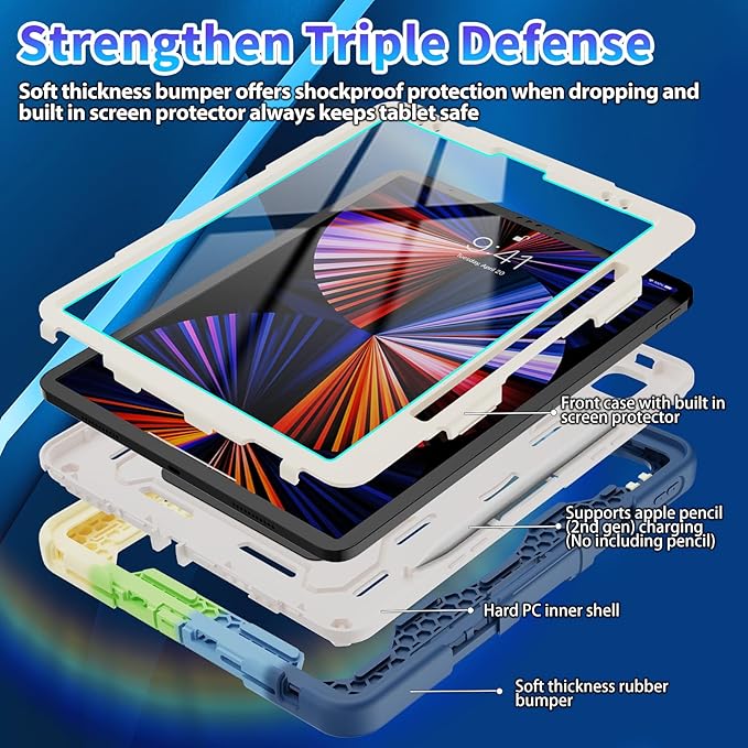 for iPad Pro 12.9 inch Case (6th/5th/4th/3rd Gen),Not fit iPad 12.9 2nd/1st Gen with Screen Protector for Kids with 360 Kickstand Hand Strap Pencil Holder [15ft Drop Protection]
