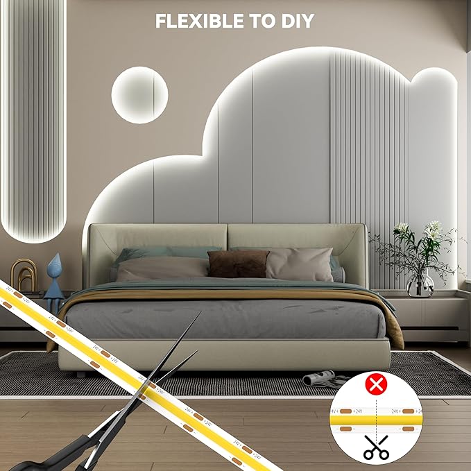 PAUTIX COB LED Strip Lights 48ft/15m Super Bright,504 LEDs/m Natural White 5000K CRI90+ Flexible LED Tape 24V for Cabinet Home DIY Lighting Projects with 2pcs COB Connector(Power Supply Not Included)