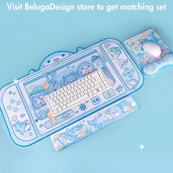 BelugaDesign Shark Desk Pad | Cute Pastel Large Mouse Pad | Cutecore Ocean Switch Anime Keyboard Gaming Mousepad | Machine Washable Nonslip Desk Blotter Protector for Kids Teens and Women (Blue White)