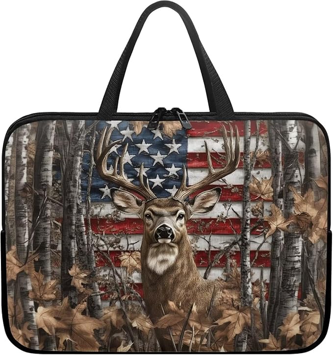 American Flag Deer Forest 15 Inch Laptop Sleeve for Men Women Portable Computer Bag with Handle Tablet Cover Laptop Tote Bag Carrying Case Handbag for Office Travel Business School