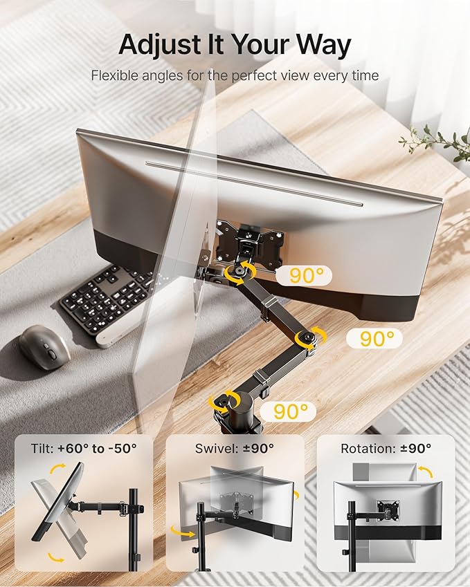 monTEK Extra-Long Single Monitor Mount for 17-32 inches Screen, Fully Adjustable Articulating Desk Monitor Stand up to 22lbs Capacity, Computer Mount with C Clamp and Grommet Base, Max VESA 100x100mm