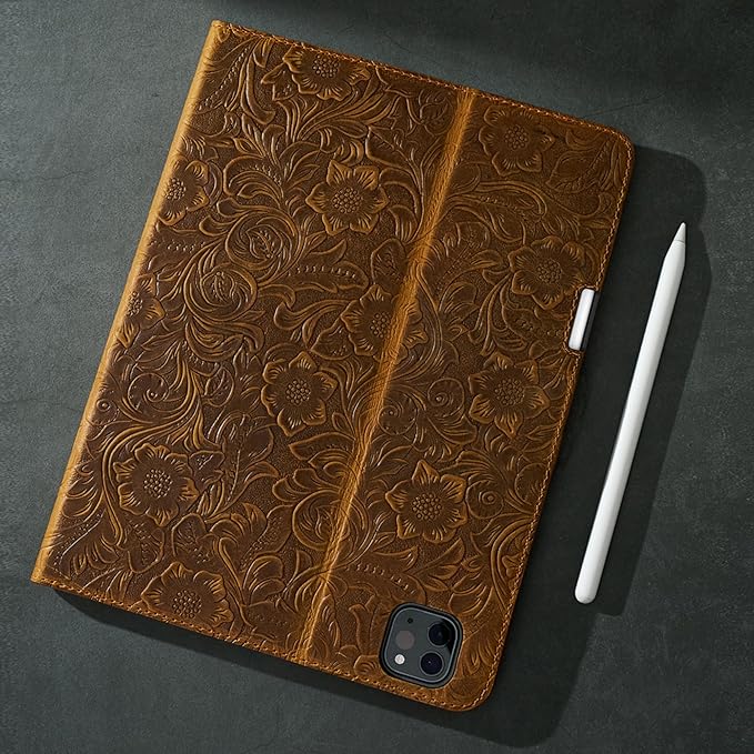 Gexmil Genuine Leather Case for iPad Pro 11 Inch (M5/M4) 2025/2024 with Pencil Holder,Protective Shockproof Leather Smart Folio Cover Adjustable Stand Auto Sleep/Wake Anti-Slip, Flower Brown