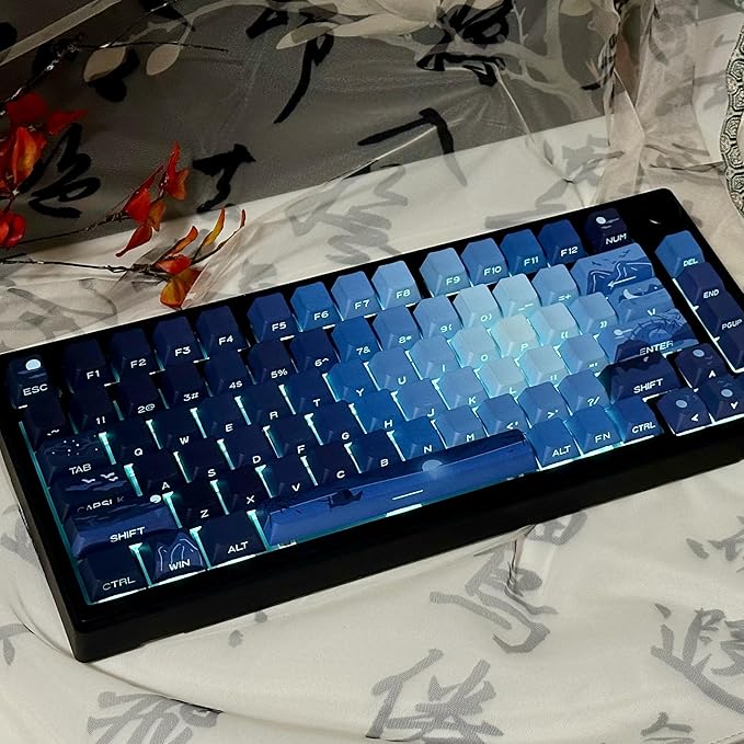 PBT Moonlit Keycaps Custom Dark Blue Shine Through Keycaps Cherry Profile 128 Keys Side Print Key Caps Gradient Blue for Mechanical Keyboards 60% 65% 75% Backlit