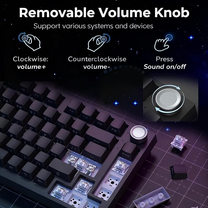 Keymatic Wireless Mechanical Keyboard,75% Hot Swappable Custom Keyboard with Knob,RGB Backlit,Side Printed PBT Keycaps,2.4GHz/USB-C/BT5.0 Mechanical Gaming Keyboards