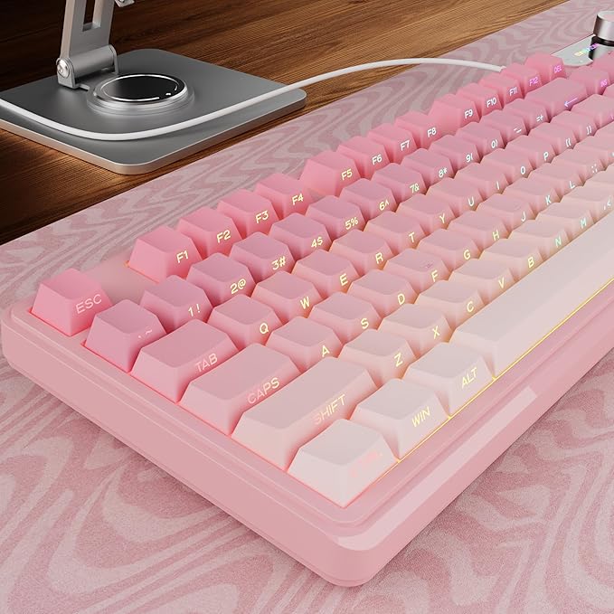 EWEADN V102 Wired Keyboard, 98 Keys Creamy Gaming Keyboard with Number Pad, Display Screen & Media Knob RGB Silent Wired Cute Computer Keyboard for Laptop PC Gamer - Gradient Pink
