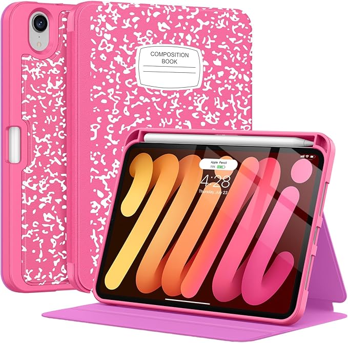 Supveco Case for iPad mini 7 (A17 Pro) 2024/iPad Mini 6 2021 8.3 Inch with Pencil Holder-[Auto Wake/Sleep],Slim Protective Case with Soft TPU Back Cover for iPad mini 7th/6th Generation-HotPink