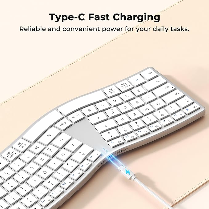 MEETION Wireless Ergonomic Keyboard, S-Curve Design Split Keyboard, 2.4G USB-A & Dual Bluetooth Keyboards, Slim Low-Profile Keys, Type-C Rechargeable, Full-Size Layout for Windows/Mac/PC/Laptop, White