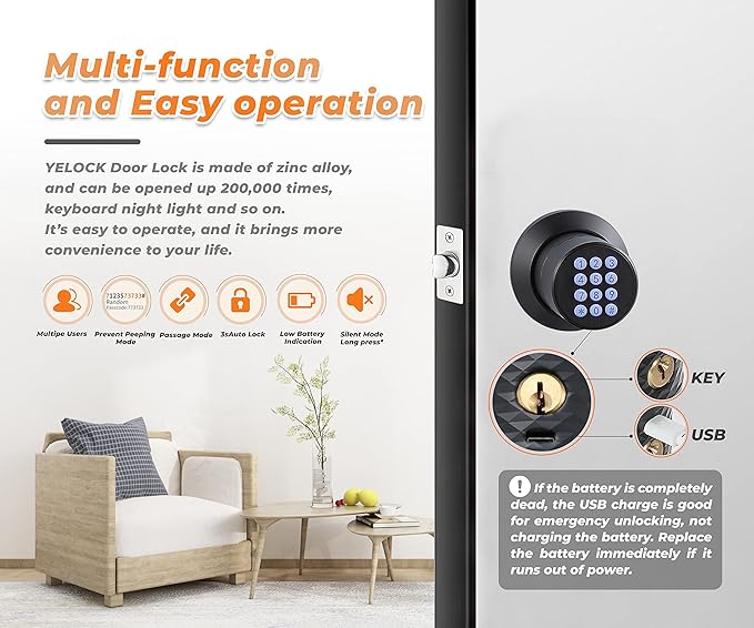Keyless Entry Door Lock with Handle, Keypad Door Knob, Auto Lock, Waterproof Electronic Black Door Knob, for Home, Office, Hotel(YL-98-black-2pc)…