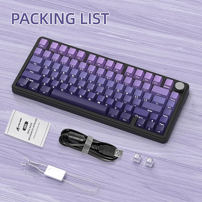 Yindiao Attack Shark X85 Wireless Mechanical Keyboard, TKL 82 Keys Bluetooth 5.0/2.4GHz/Wired Gaming Keyboard,Gasket Structure,Knob,RGB Hot Swappable Custom Keyboard for PC/Mac/PS4/Xbox(Purple)
