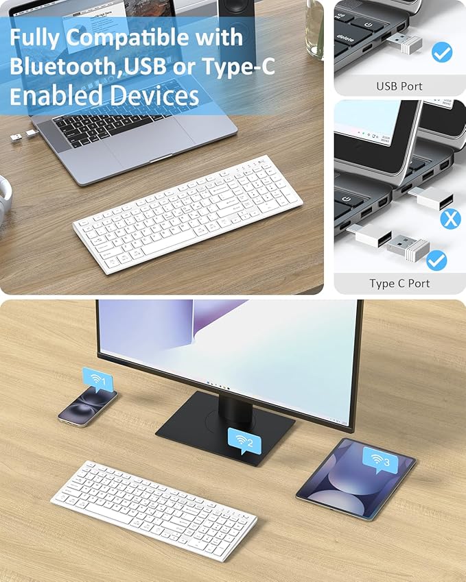FENIFOX Wireless Keyboard, Bluetooth & 2.4G USB & USB-C Rechargeable Silent Ultra Quiet Low Profile Compact Full Size with Number Pad Soft Multi Device for Mac MacBook Windows PC - White
