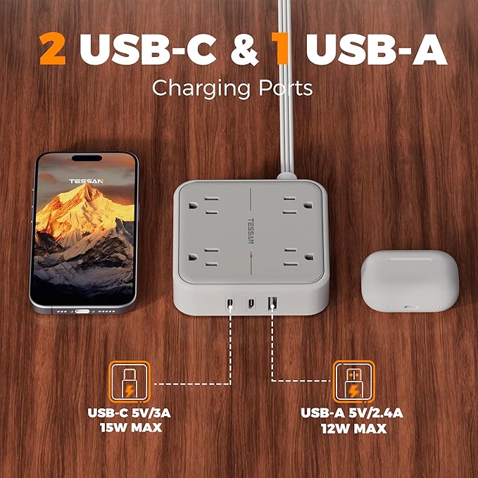 TESSAN Surge Protector Flat Extension Cord 5Ft, Flat Plug Power Strip with 4 Outlets 3 USB Ports (2 USB C), 900 Joules Protection, Multiple Wall Outlet Extender Suitable for Home Office Dorm, Grey