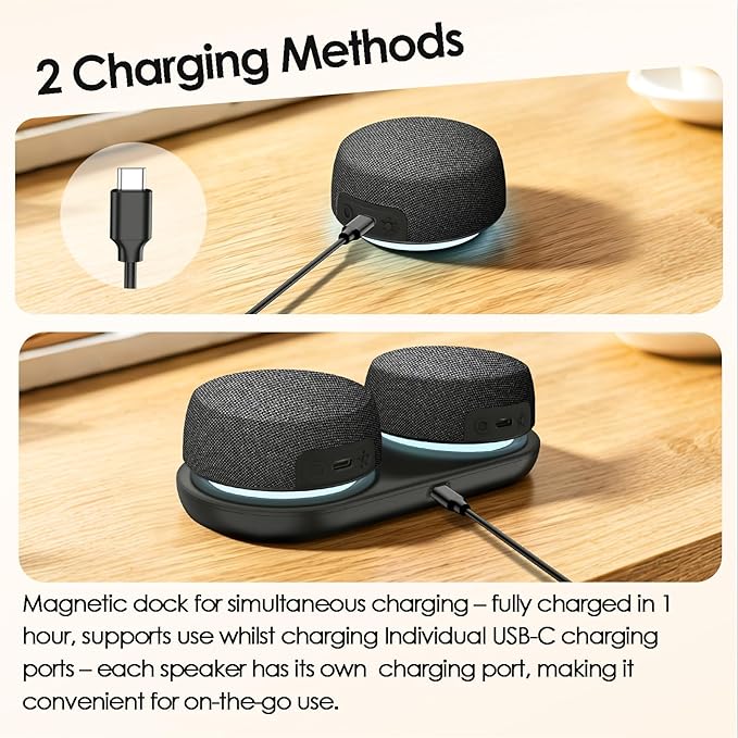 Dual Bluetooth Speaker Set with TWS Stereo & Magnetic Base – 10H Playtime, 3H with RGB Sync Lights On, Phone Stand, Wireless Speakers for TV Watching,Home Theater, Outdoor, Multi-Room