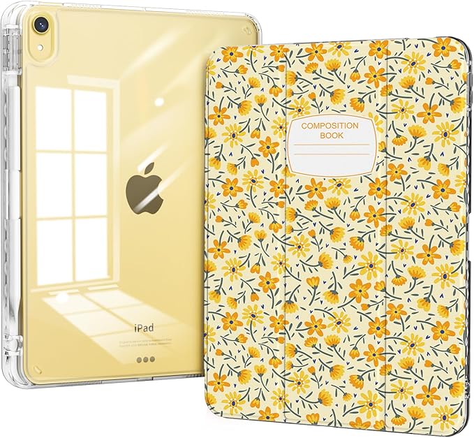 Case for iPad 11th Generation A16 Chip (2025), iPad 10th Generation (2022) Case Yellow Floral, Protective Slim Clear Back Cover with Pencil Holder, Trifold Sturdy Stand, Composition Book