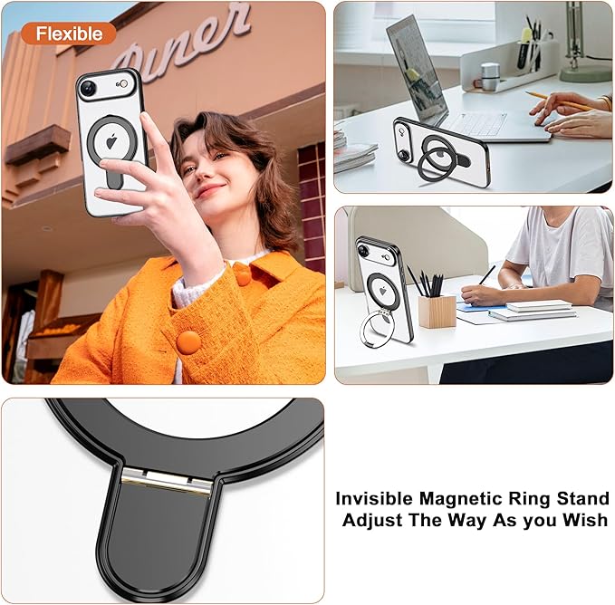 Compatible with iPhone 17 Air Case with Invisible Magnetic Ring Stand [Compatible with Mag-Safe] [Full Camera Lens Protector] Plating Clear Phone Case for iPhone 17 Air 6.5", Black