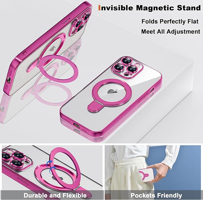 Compatible with iPhone 12 Pro Max Case with Magnetic Ring Stand [Compatible with Mag-Safe] [Full Camera Lens Protector] Soft Plating Clear Phone Case for iPhone 12 Pro Max 6.7", Rose