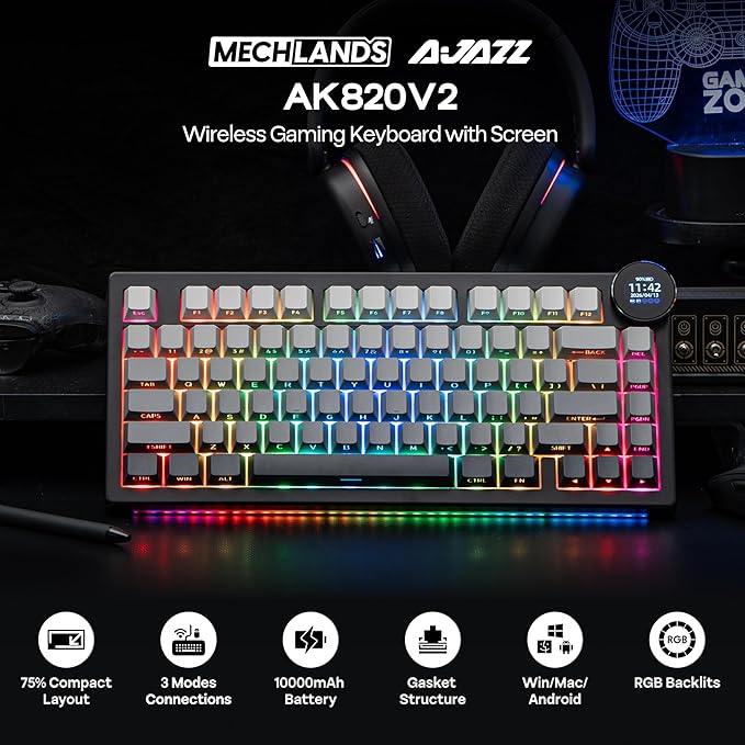 MechLands AJAZZ AK820V2 75% Wireless Gaming Keyboard with 0.9” TFT Display Screen & Knob, Gasket Mechanical Creamy Keyboard with 10000mAh Battery, Hot Swappable, RGB for Win/Mac (Gradient Black)