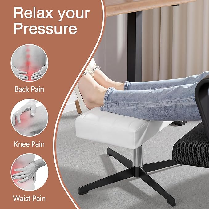 VECELO Under Desk Footrest, PU Ergonomic Foot Rest with Comfort Padding, Height Adjustable for Relieving Leg Pain, Stiffness, and etc, White